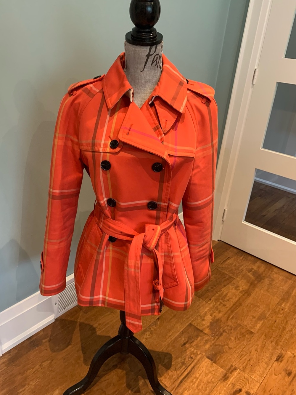 Coach Orange Plaid Double-Breasted Trench Jacket